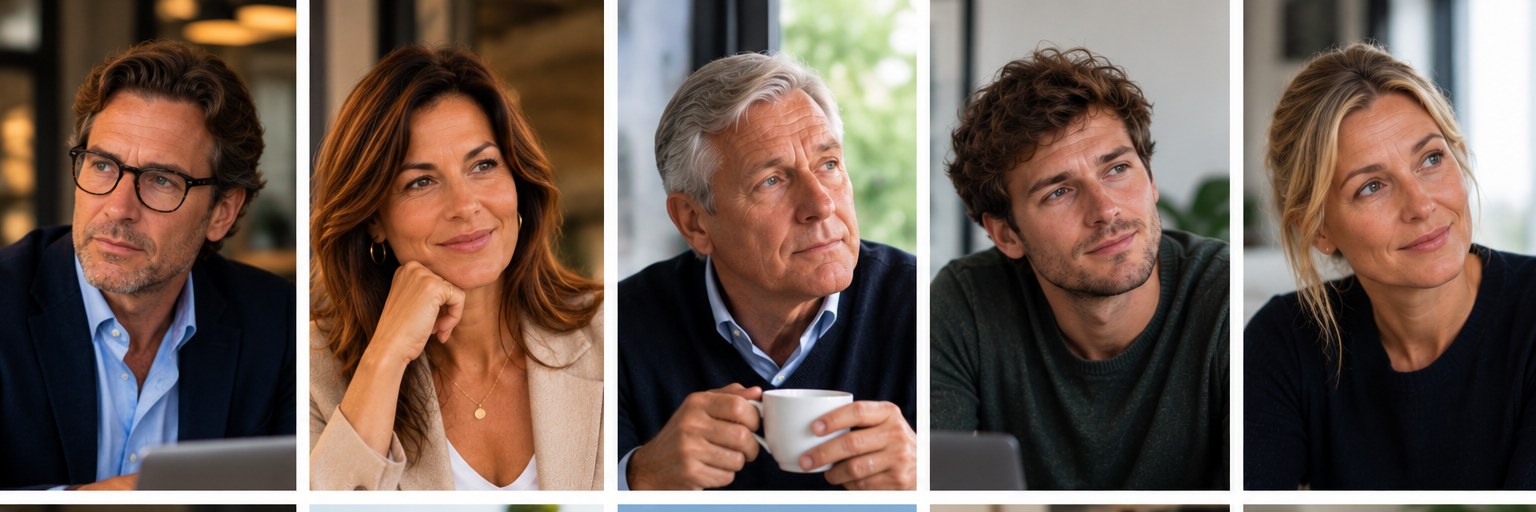 Vijf mensen met een vraag over hun vermogen en hun familie